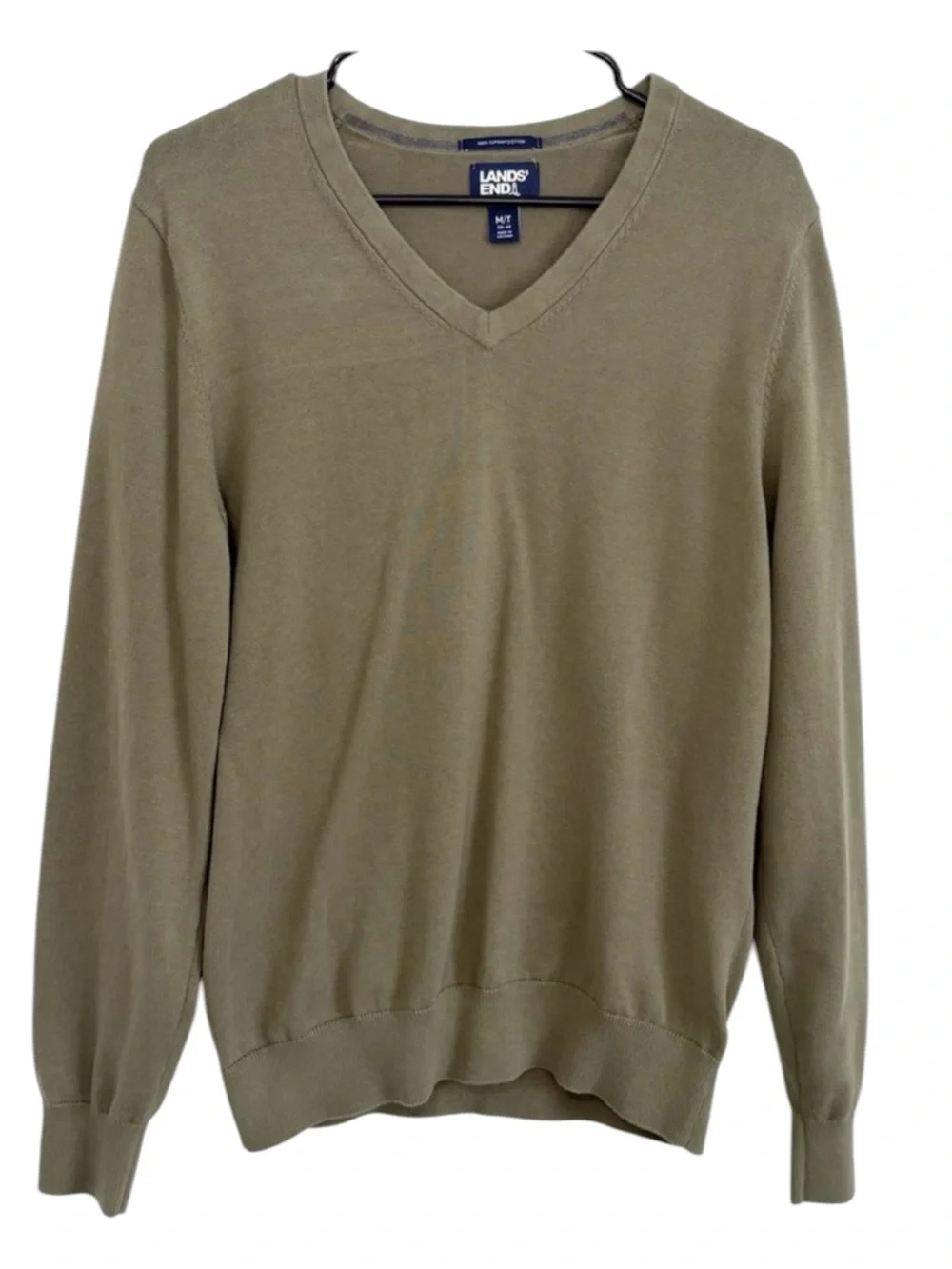 LANDS’ END Supima Cotton V Neck Sweater Olive Green Medium Tall Mens
